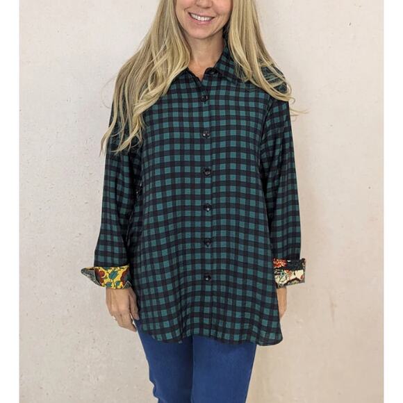 SHANA Floral Printed Back Button Down Tunic Shirt Green Black Plaid Womens Sz L - Picture 1 of 10
